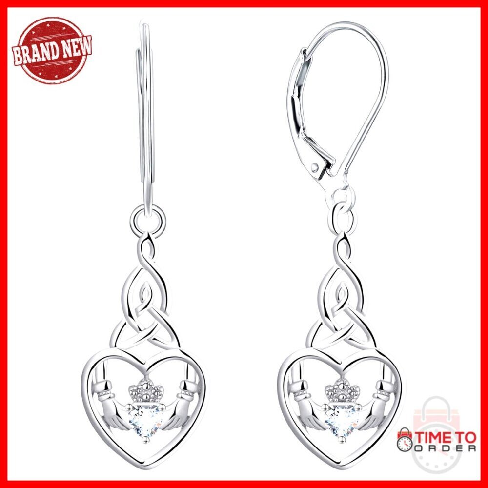 Sterling Silver Celtic Claddagh Heart Drop Earrings with Cubic Zirconia